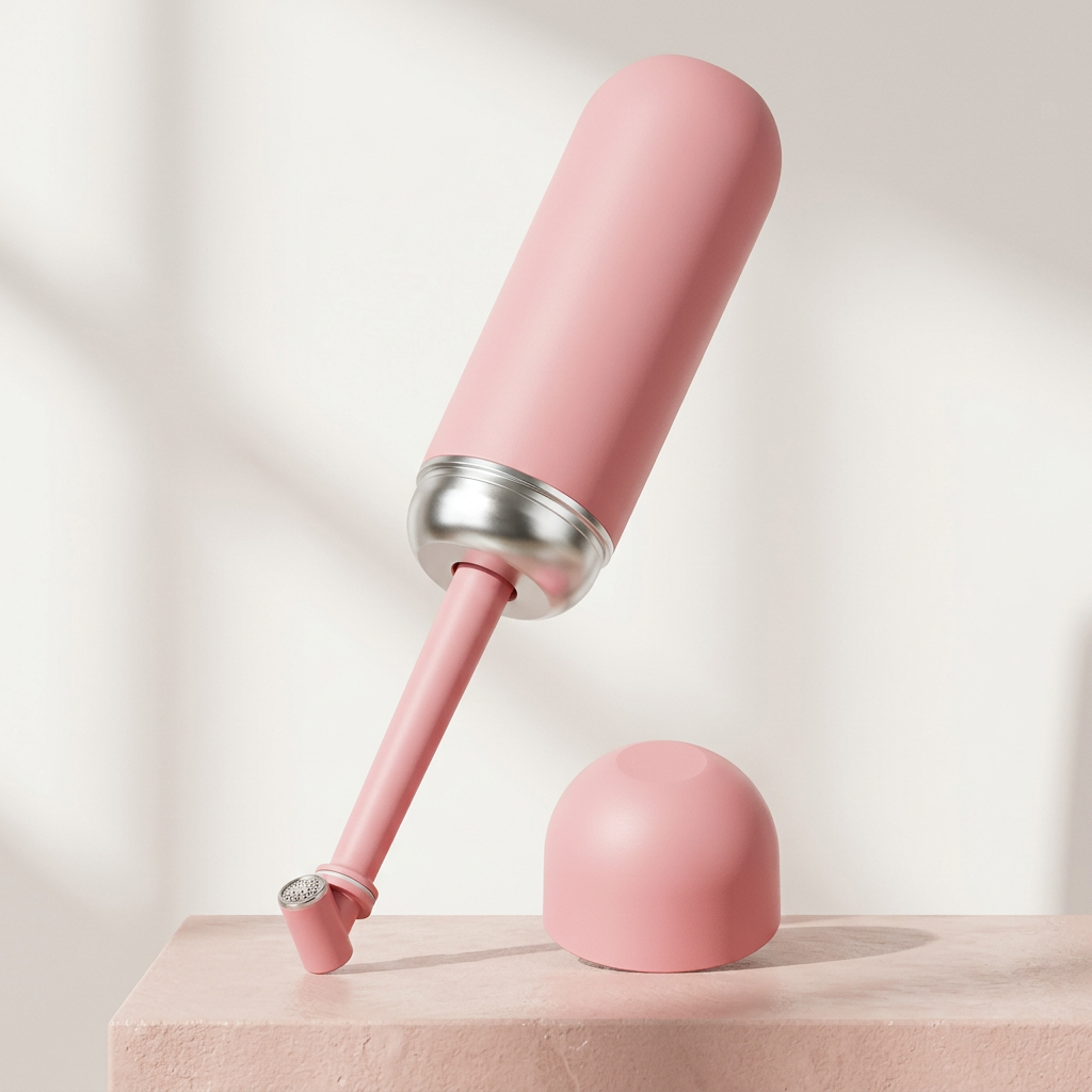 Pink portable bidet with extended spray wand and matching cap on a blush plinth
