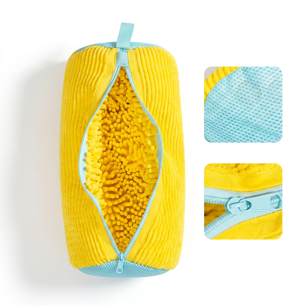 Yellow and aqua chenille shoe washing bag with mesh and zipper detail closeups