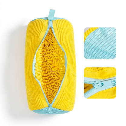 Yellow and aqua chenille shoe washing bag with mesh and zipper detail closeups