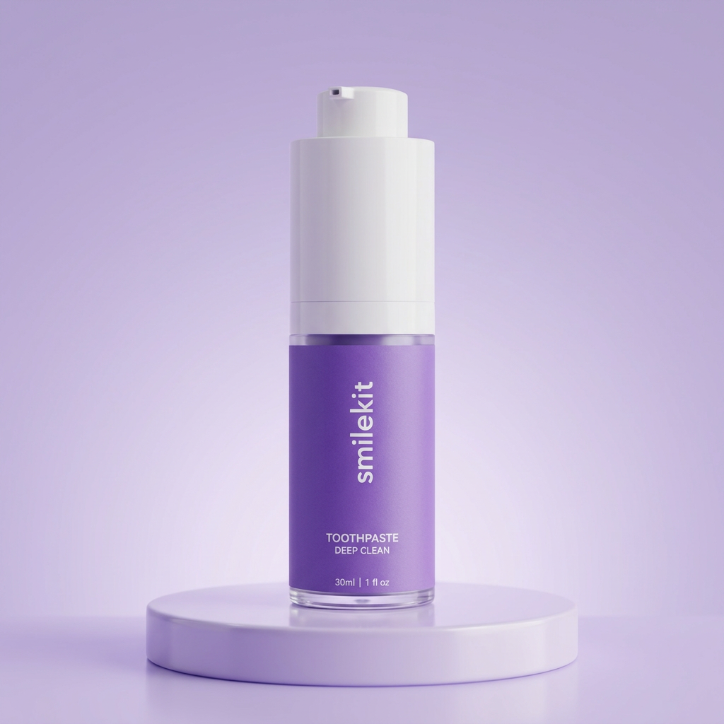 Smile Kit purple toothpaste pump bottle on a lavender studio background