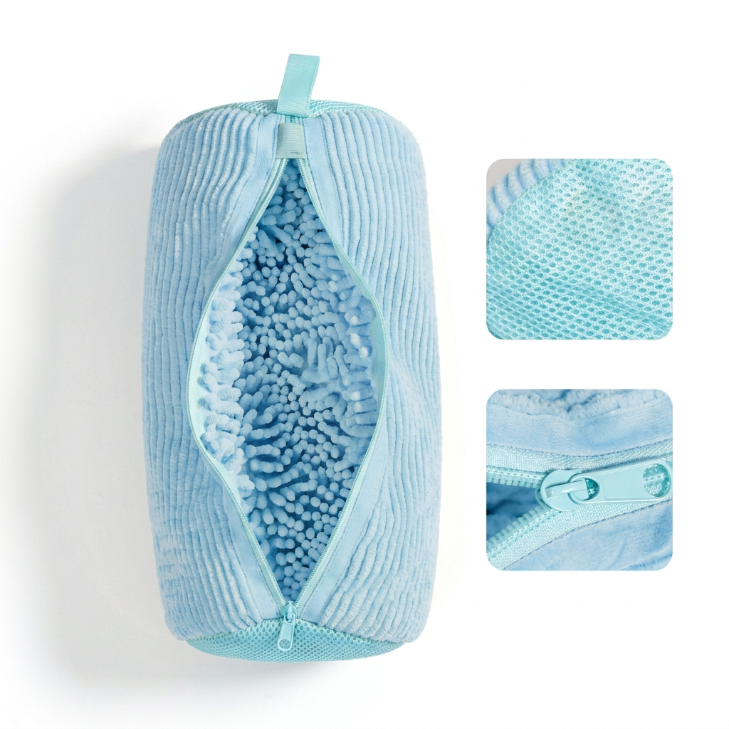 Light-blue shoe washing bag with closeups of chenille texture, mesh and zipper