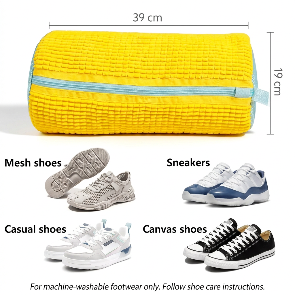 Yellow shoe washing bag with 39 by 19 cm measurements and mesh shoes, sneakers, casual shoes and canvas shoes