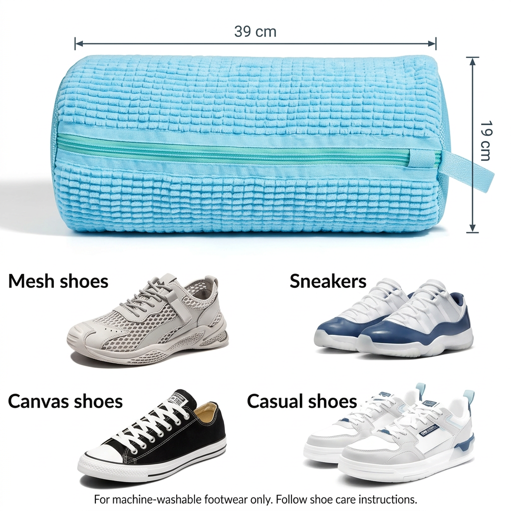 Light-blue shoe washing bag with 39 by 19 cm measurements and examples of mesh shoes, sneakers, casual shoes and canvas shoes