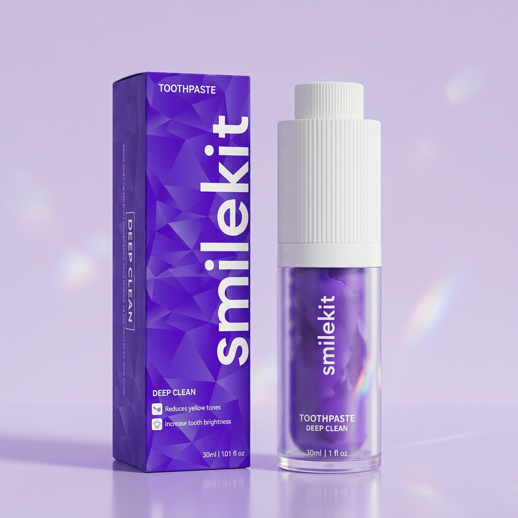 Smile Kit purple toothpaste pump bottle with matching purple box