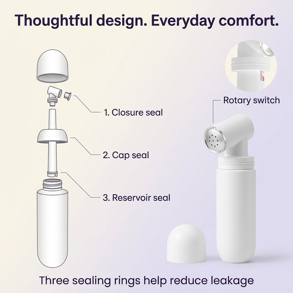 Portable bidet illustrated feature guide showing closure seal, cap seal, reservoir seal and rotary switch