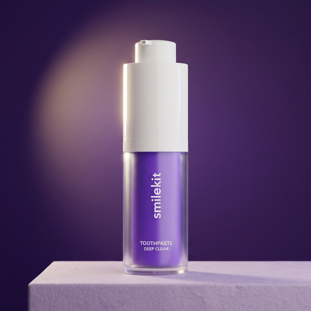 Smile Kit purple toothpaste pump bottle on a lilac platform against a deep violet studio background