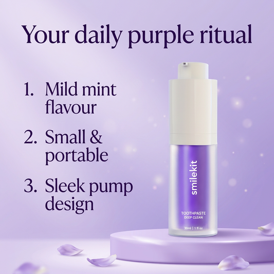 Smile Kit purple toothpaste with numbered features: 1. Mild mint flavour, 2. Small and portable, 3. Sleek pump design
